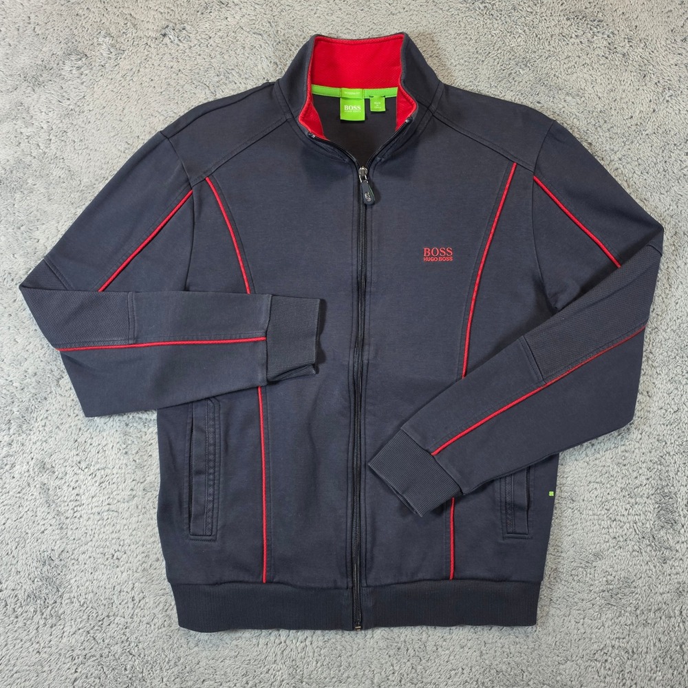Hugo Boss Track Jacket Mens Medium Navy Blue Red Modern Fit Full Zip Sweatshirt